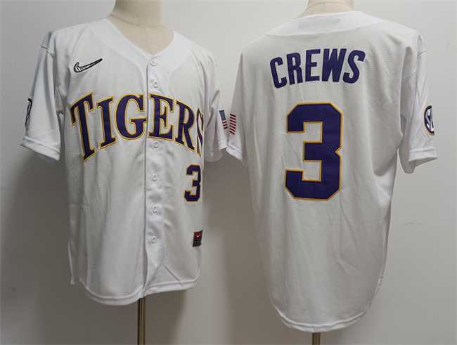 Mens LSU Tigers #3 ylan Crews White Stitched Baseball Jersey Dzhi->->NCAA Jersey